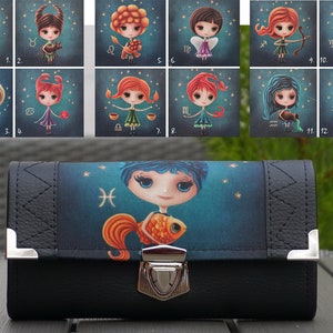 ハンドメイド ZODIAC レディース ウォレット、オリジナル スマートフォン ウォレット、19 x 10 cm、ロングウォレット、レディース ウォレット、ビーガンレザー ウォレット、オーガナイザー ウォレット