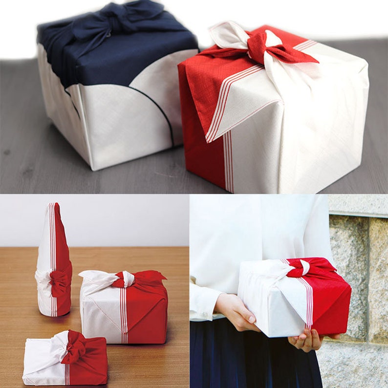 May include: Square fabric gift wraps in navy blue and white, and red and white. The red and white wraps have a striped design. The wraps are tied with bows. The image shows the wraps in different sizes and arrangements.