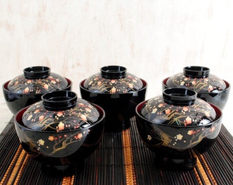 Japanese antique style bowls with gold leaf set lot of 5 Soup bowls black gokden kt2066