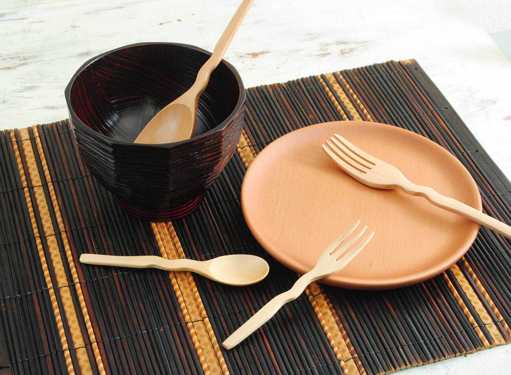 Japanese lacquer wooden Spoon and Fork set of 4 Wave shape Etsy