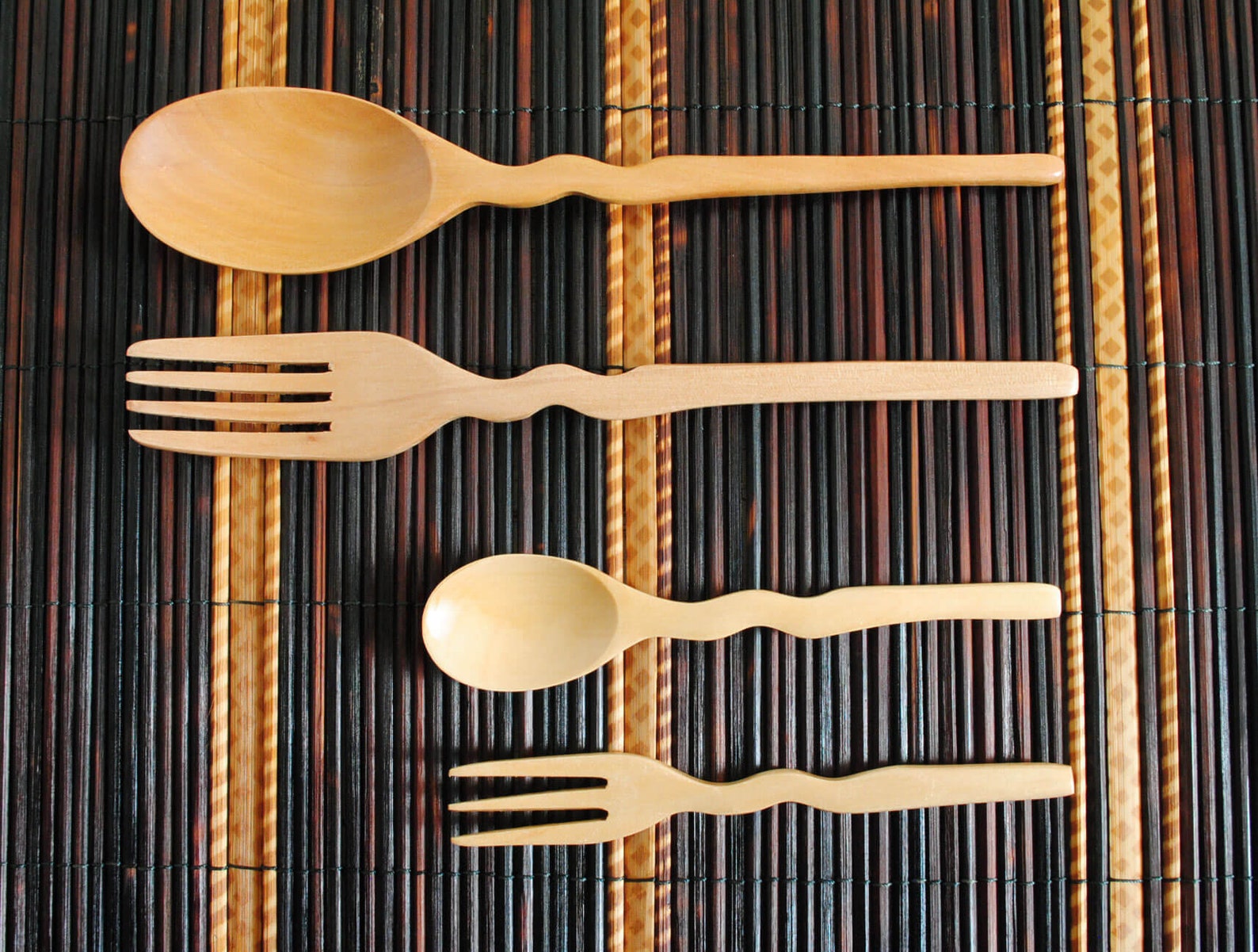 Japanese lacquer wooden Spoon and Fork set of 4 Wave shape Etsy
