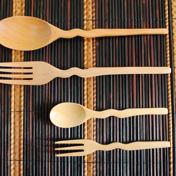 Japanese lacquer wooden Spoon and Fork set of 4 Wave shape 7.8"(20cm) and 5.3"(13.5cm) Japanese traditional craft Soop Curry White hs086