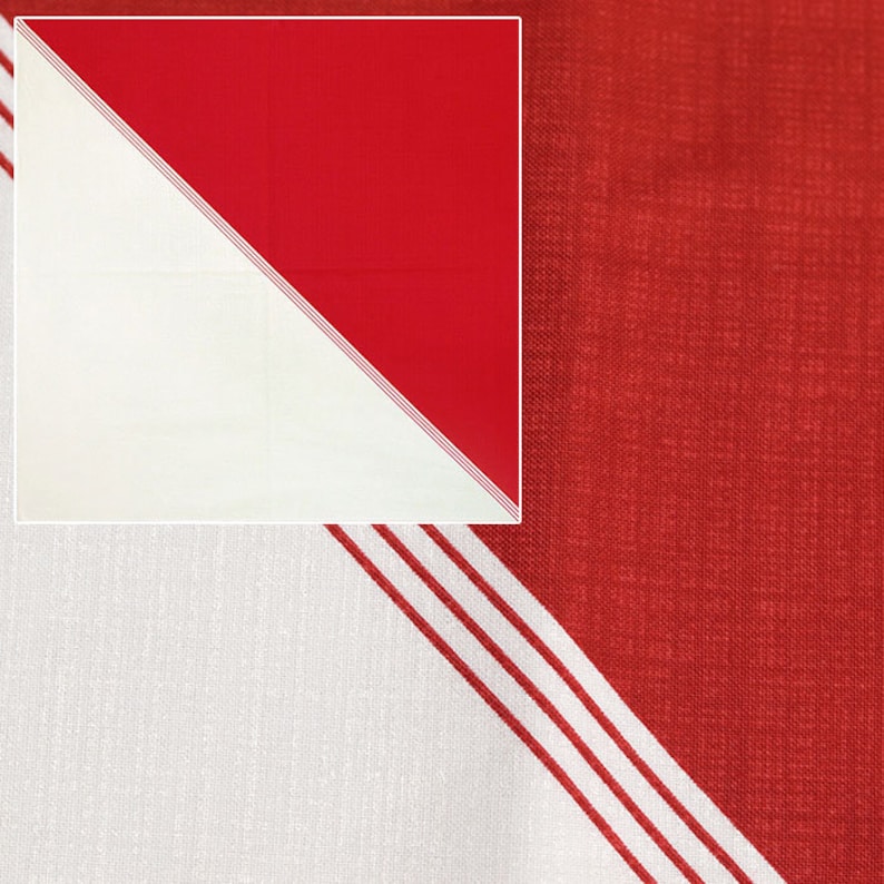 May include: A red and white fabric with a diagonal design. A square inset shows a red and white triangle. The main fabric has a red background with white stripes and a white background with red stripes.