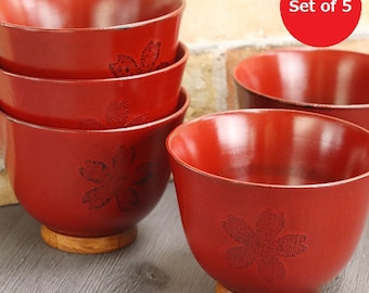 Japanese antique style wooden bowls set lot of 5 bowls lacquered Urushi Natural wood _ow-271-1a