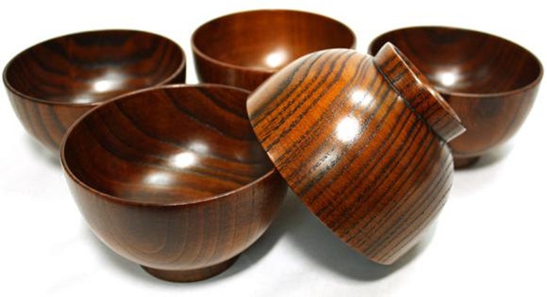 Set di 5 ciotole in legno in stile antico giapponese, laccate in Urushi, legno naturale _ow-088 immagine 1