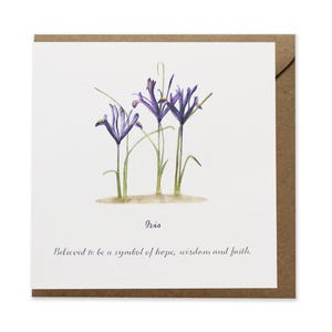 May include: A watercolor illustration of purple iris flowers with yellow centers. The text "Iris" is below the flowers, and the text "Believed to be a symbol of hope, wisdom and faith." is below the text "Iris".