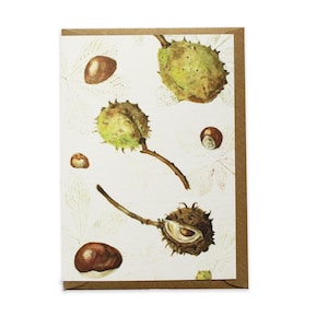Peut inclure: Une carte avec une illustration aquarelle de châtaignes marron et vertes. Les châtaignes sont dispersées sur un fond blanc avec une bordure marron.