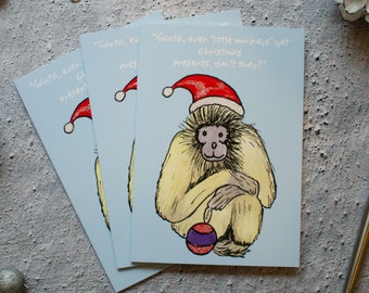 Pack of 6 Funny Little Monkey Christmas Cards - Humorous Christmas Card - Children's Christmas Card Hand Designed and Finished By CottageRts