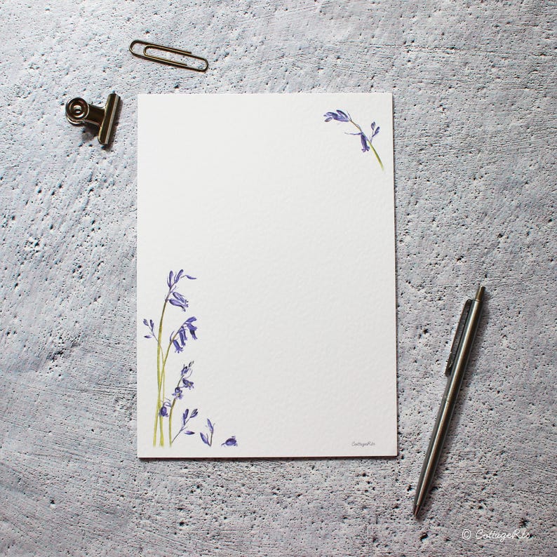 Pode incluir: Papel de carta branco em branco com um design de flores de campanula azul &agrave; esquerda e &agrave; direita. O papel &eacute; perfeito para escrever cartas ou notas.