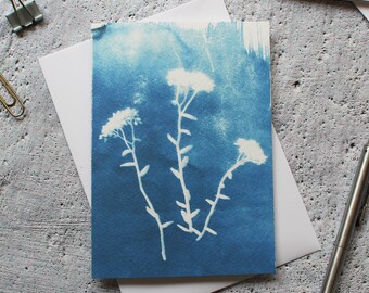 May include: A blue cyanotype card with a white image of three delicate wildflowers. The card is blank and ready for a message.