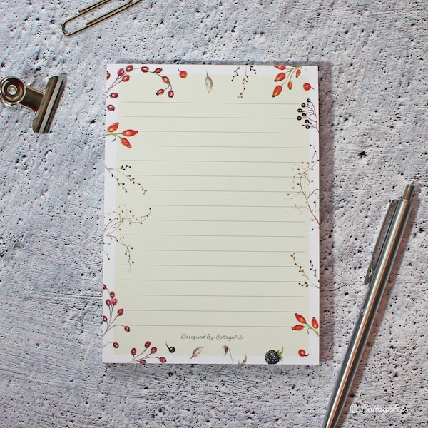 A6 Notepad - Lined Writing Pad - Hedgerow Berry Desk Pad - Designed By CottageRts