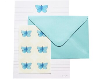 Blue Butterfly Lined Letter Writing Stationery Set - Designed By CottageRts Lovely Birthday Gift or Present