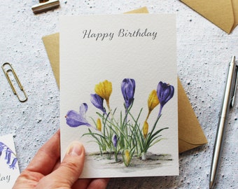 Crocus Flower Botanical Birthday Card Watercolour Painting Hand Designed By CottageRts