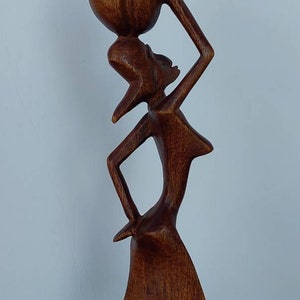 Vintage Wood-Carved Woman With Basket On Her Head