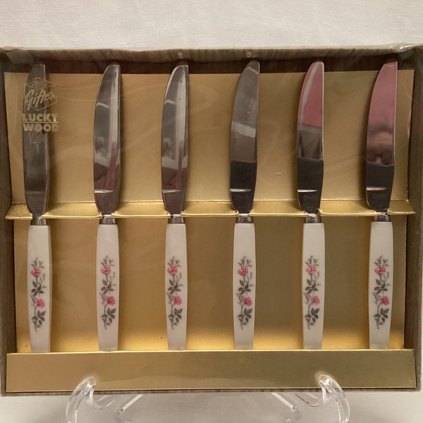 Vintage Lucky Wood Butter Knives - Pink Rose Design -  Set of Six -  Original Box - 1960's  #00670