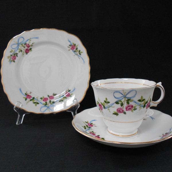 Vintage Colclough Bone China Tea Cup & Plate Trio Pink Roses Blue Ribbons