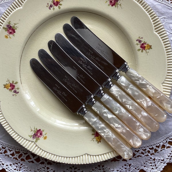 Vintage Sheffield Butter Knives - Faux Mother of Pearl - Stainless Steel - Set of Six - 1960's  #00769