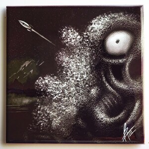 May include: A black and white abstract painting of a face with a large eye and a textured background. A silver arrow is flying through the air in the upper left corner of the painting.