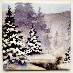 Ceramic Coaster. Snowy Winter Watercolor Scene with Pine Trees and Stream. Original art. Buy set of 4 or mix-and-match for free shipping!