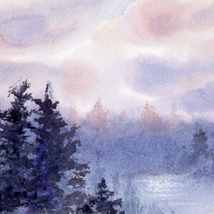 Trees with Mauve Sky. Giclée print of an original watercolor painting of pine trees with a lake and mauve and rose-yellow sky.
