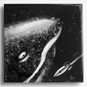 May include: A black and white illustration of a large, whale-like creature with a small, white rocket ship flying past it in space. The creature's eye is visible, and the rocket ship has a tail flame.