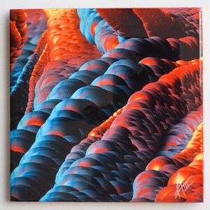 Könnte beinhalten: Abstrakter digitaler Kunstdruck mit einem wirbelnden Muster aus blauen und orangefarbenen Kugeln. Die Kugeln sind in einem wellenförmigen Muster angeordnet, das ein Gefühl von Bewegung und Tiefe erzeugt.