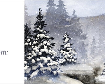 Winter Pine Tree Watercolor Gift Tags, Snow Scene