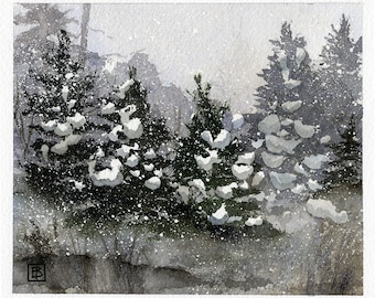 Winter Snow, Snow-Covered Pine Trees, Falling Snow, Holiday Watercolor Prints, Snow Drifts, Calm Pond, Reflection, Landscape Painting