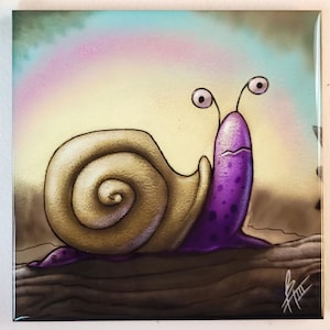May include: A purple snail with a gold shell and large eyes on a brown background.