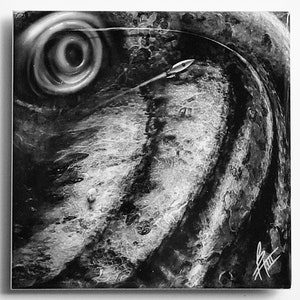 May include: Black and white abstract painting of a rocket ship flying through a swirling galaxy. The painting has a textured surface and a signature in the bottom right corner.