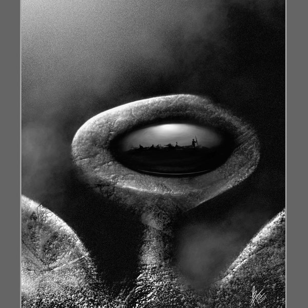 Have You Seen Me? Winged Ice Space Alien Monster Poster, Black and White, Digital Texture Fine Art Print, Science Fiction, Reflective Eye