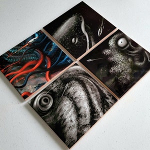 Monsters with Sightseeing Sci-Fi &quot;B&quot; Movie Rocket! Original Artwork Heat-pressed on Ceramic Coasters. One-of-a-kind Unique Gift. Set of 4.