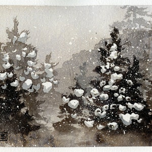 Winter Snow, Snow-Covered Pine Trees, Falling Snow, Holiday Watercolor Prints, Snow Drifts, Calm Pond, Reflection, Sepia Landscape Painting