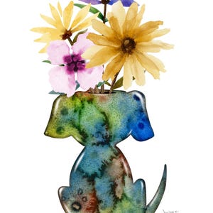 May include: Watercolor painting of a dog-shaped vase filled with colorful flowers. The vase is a mix of blue, green, and brown hues. The flowers include yellow, purple, and pink blooms, creating a vibrant floral arrangement.