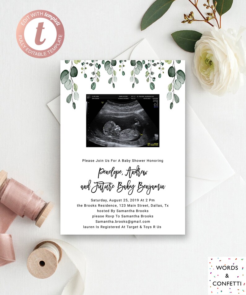 Sonogram Baby Shower Invitation Gender Neutral Invitations Ultrasound Announcement Eucalyptus