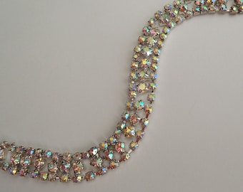 Aurora Borealis Rhinestone 3-Strand Bracelet 7 Inches Long Vintage 1990s