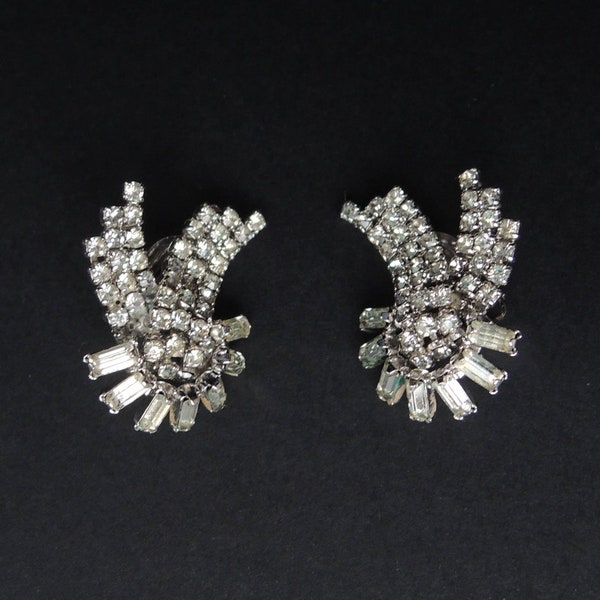 MidCentury Modern Rhinestone Clip On Earrings signed Jewels by Julio Vintage 1950s