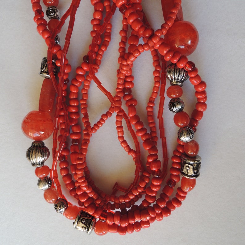 Red Multi Strand Boho Tribal Beaded Necklace Vintage 1960s