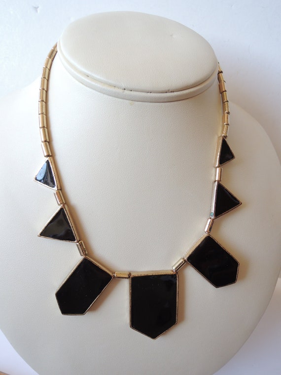 Black and Gold Geometric Art Deco Bib Necklace Vin