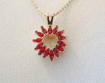 Red Heart Cubic Zirconia Necklace 14kt Gold Electroplate by Lindenwold Vintage 1980s