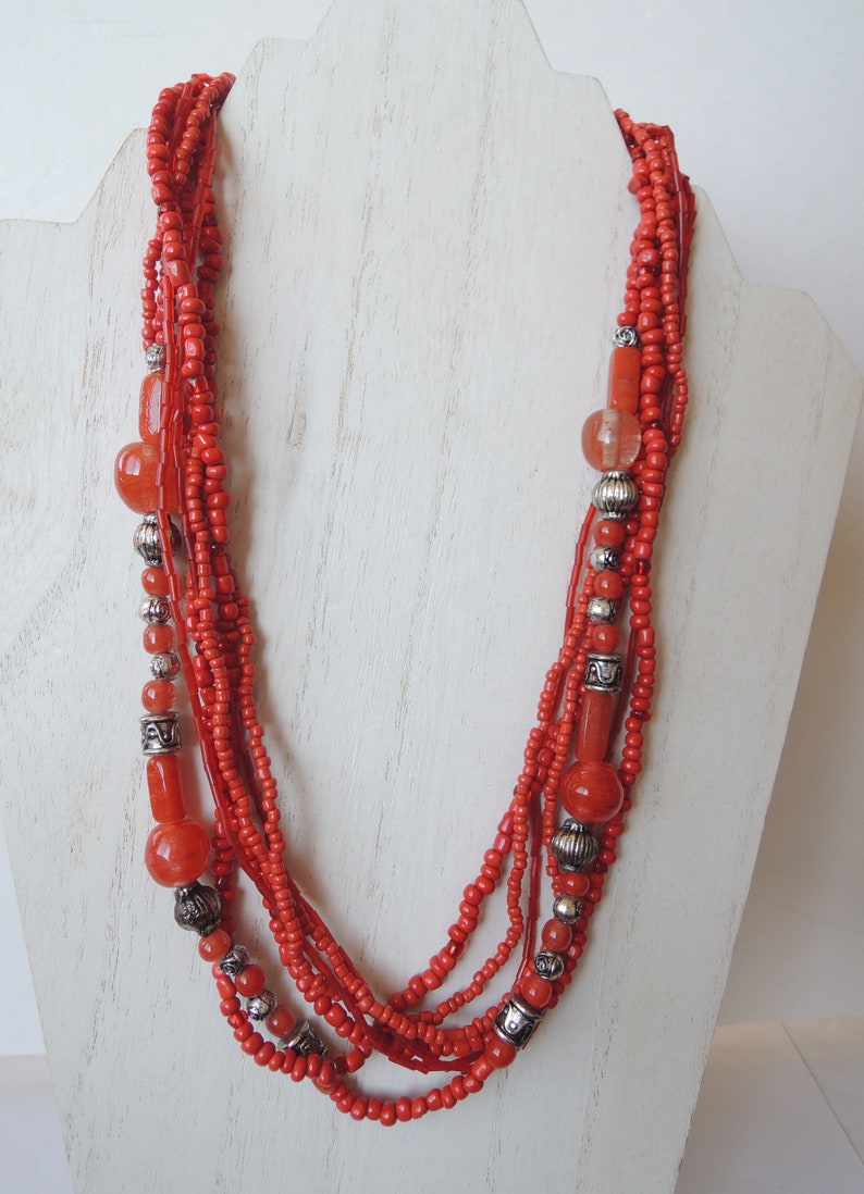 Red Multi Strand Boho Tribal Beaded Necklace Vintage 1960s