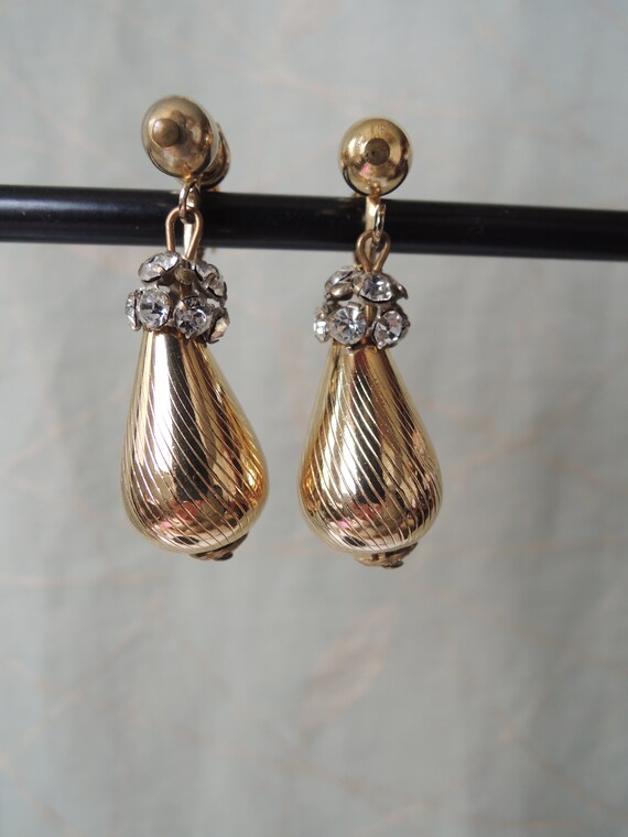 2.75" Clip-On Drop Earrings - Rock Textured Gold Tone Hoops, Vintage Tribal Style-524615