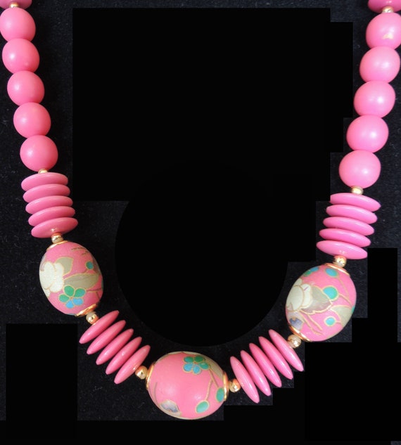 Retro Pink Necklace with Hand Painted Cherry Bloss