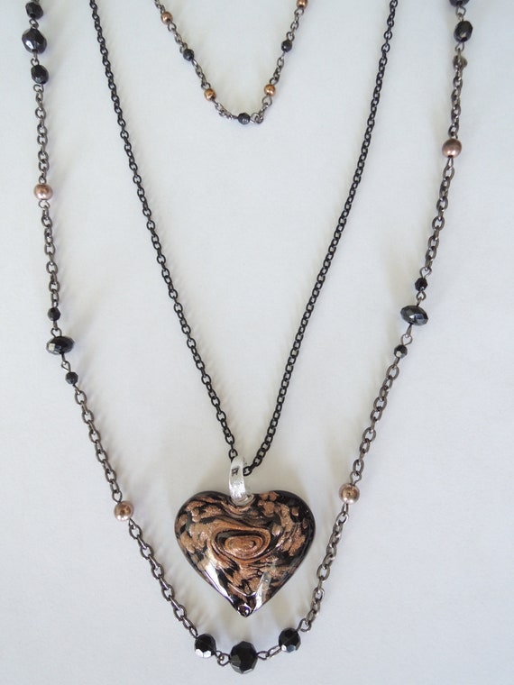 Heart Pendant Necklace Smoke Grey Faceted Glass on Silver Tone Chain