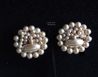 Faux Pearl Gold Bead Cluster Clip On Earrings Mid Century Japan Vintage 1950