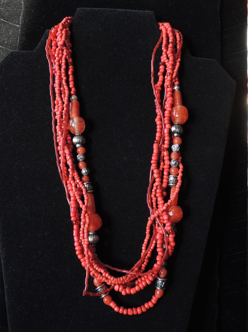 Red Multi Strand Boho Tribal Beaded Necklace Vintage 1960s