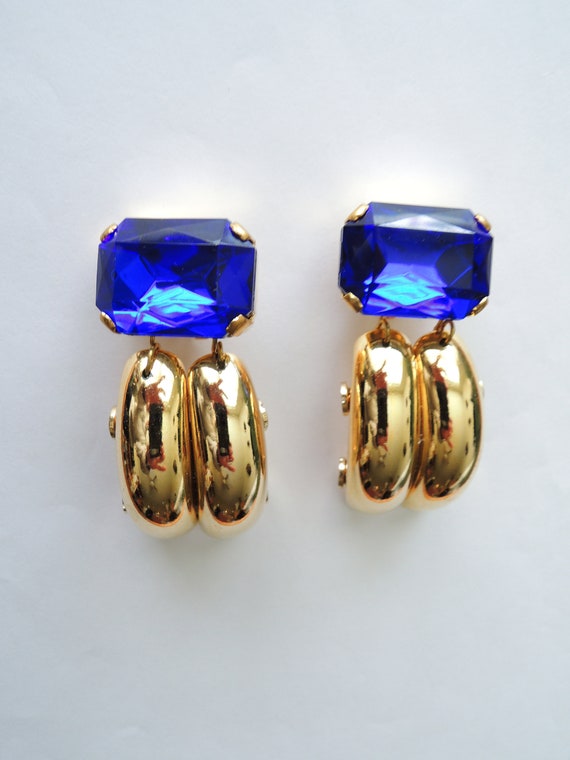 Big Bold Blue Bling Huge Clip On Earrings Vintage 