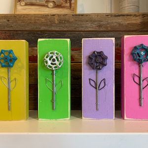 Bright pink, yellow, green, orange, blue custom steampunk reclaimed flowers for spring, distressed flower decor, teacher gifts