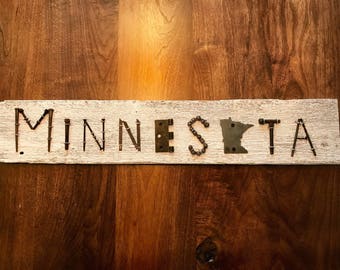Minnesota sign, distressed white MN sign, metal state of Minnesota, gift for him, gift for her, Minnesota rustic wood sign