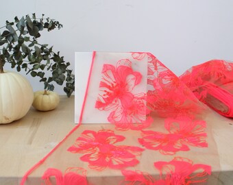 1 YD of 10" Intense Neon Coral/Tan Floral Embroidered Tulle Lace Non-Stretch